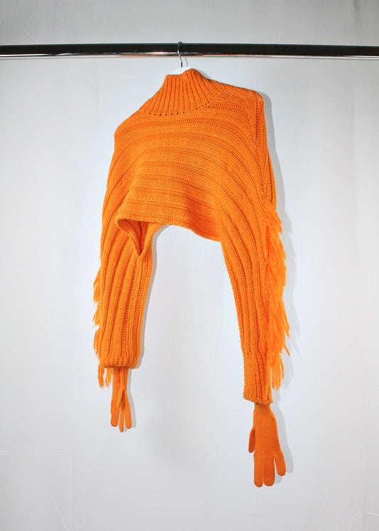 Issey Miyake Fringed Rib Knit Cropped Jumper with Attached Gloves