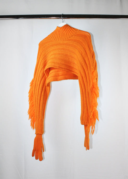 Issey Miyake Fringed Rib Knit Cropped Jumper with Attached Gloves