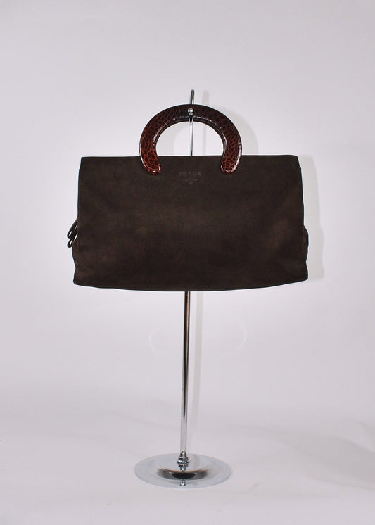 Prada Suede Handbag with Croc-Embossed Handle