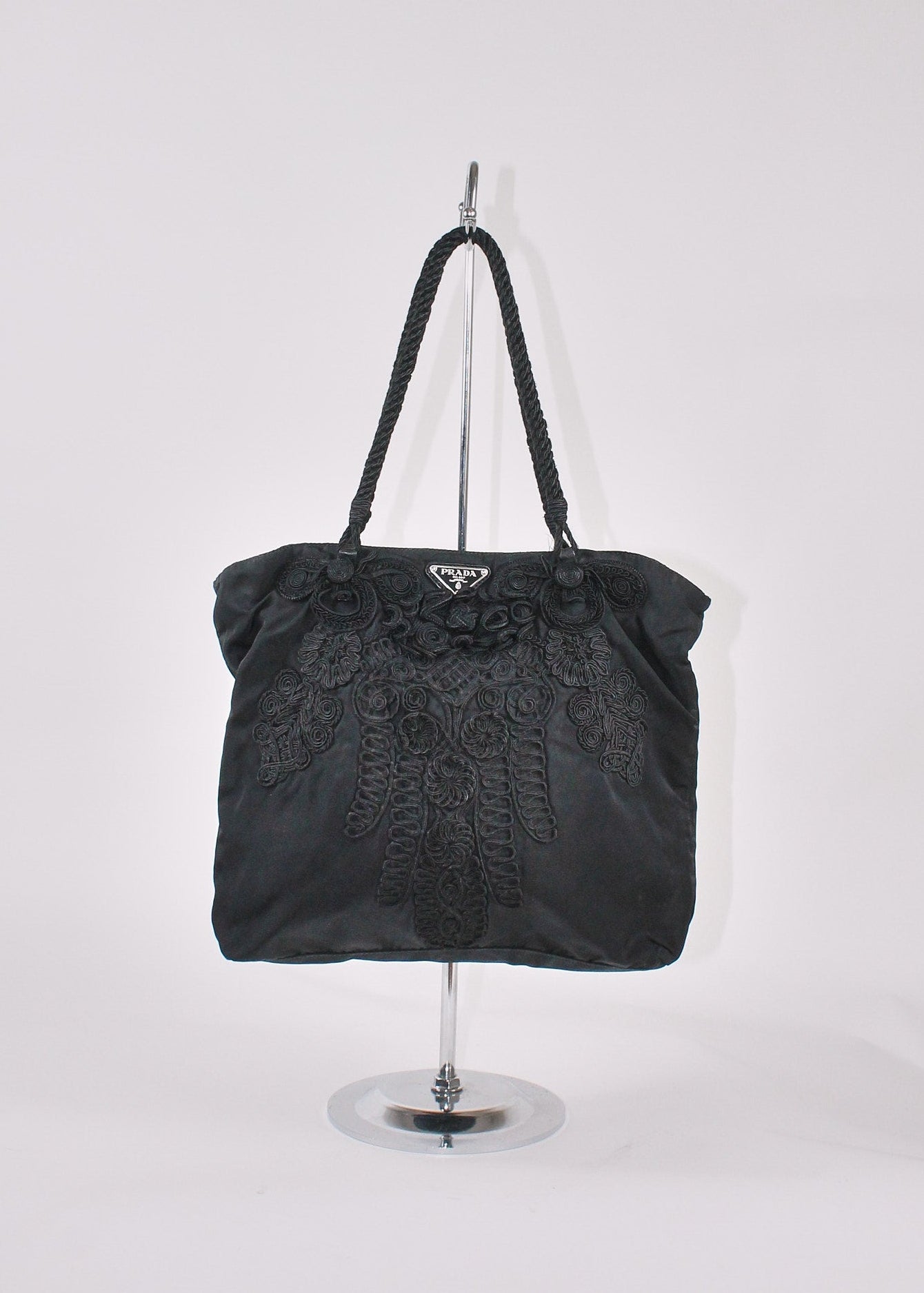 Prada Black Nylon Tessuto Embroidered Tote bag