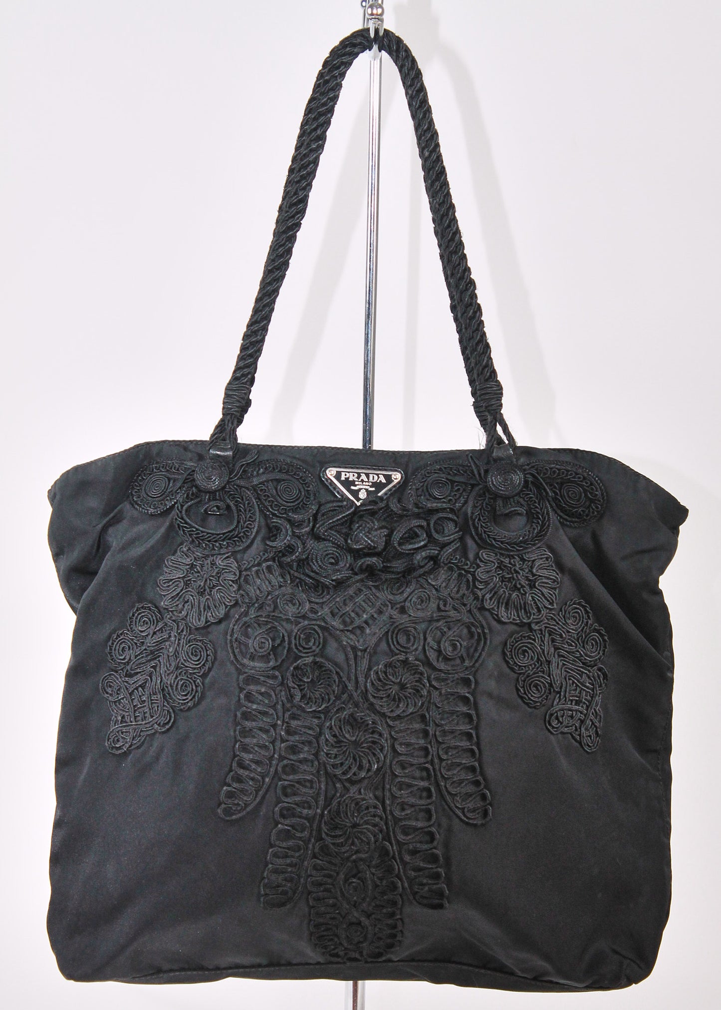 Prada Black Nylon Tessuto Embroidered Tote bag