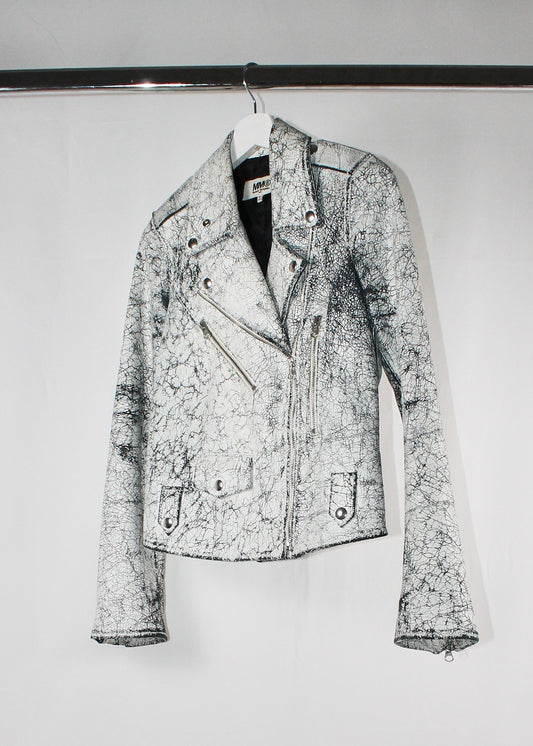 MM6 White Crackle Leather Biker Jacket